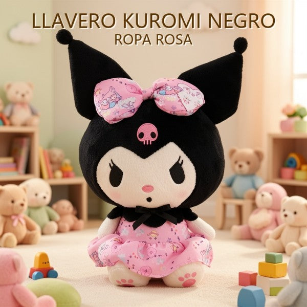 LLAVERO DE PELUCHE KUROMI NEGRA ROPA ROSA