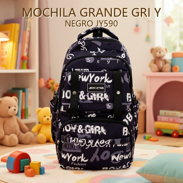 MOCHILA GRANDE GRI Y NEGRO JY590