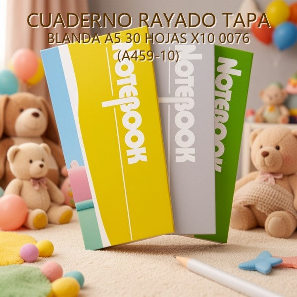 CUADERNO RAYADO TAPA BLANDA A5 30 HOJAS X10 0076 (A459-10)