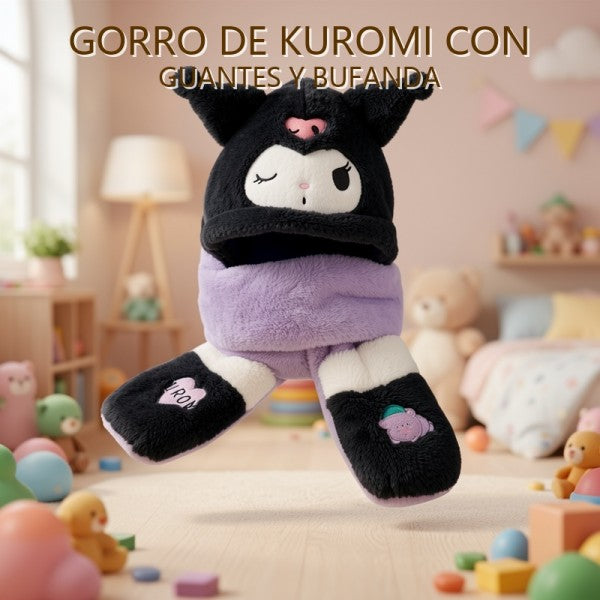 GORRO DE KUROMI CON GUANTES Y BUFANDA