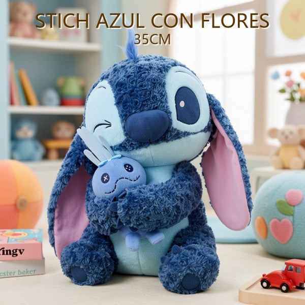 STITCH AZUL CON FLORES 35CM