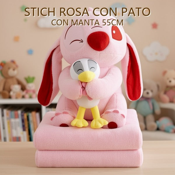 STITCH AZUL CON PATO CON MANTA 55CM
