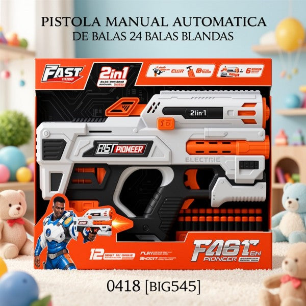 PISTOLA MANUAL AUTOMATICA DE BALAS BLANDAS CONTIENE 24 BALAS 0418 [BIG545]