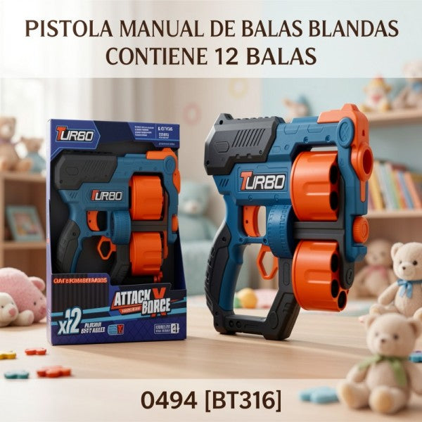 PISTOLA MANUAL DE BALAS BLANDAS CONTIENE 12 BALAS 0494 [BT316]