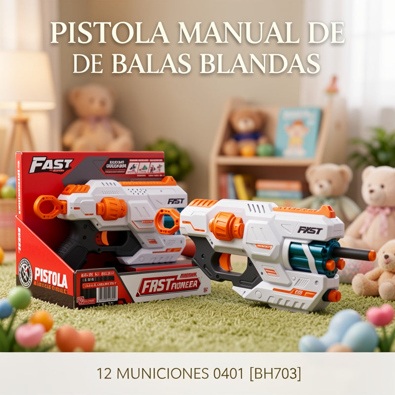 PISTOLA MANUAL DE BALAS BLANDAS 12 MUNICIONES 0401 [BH703]