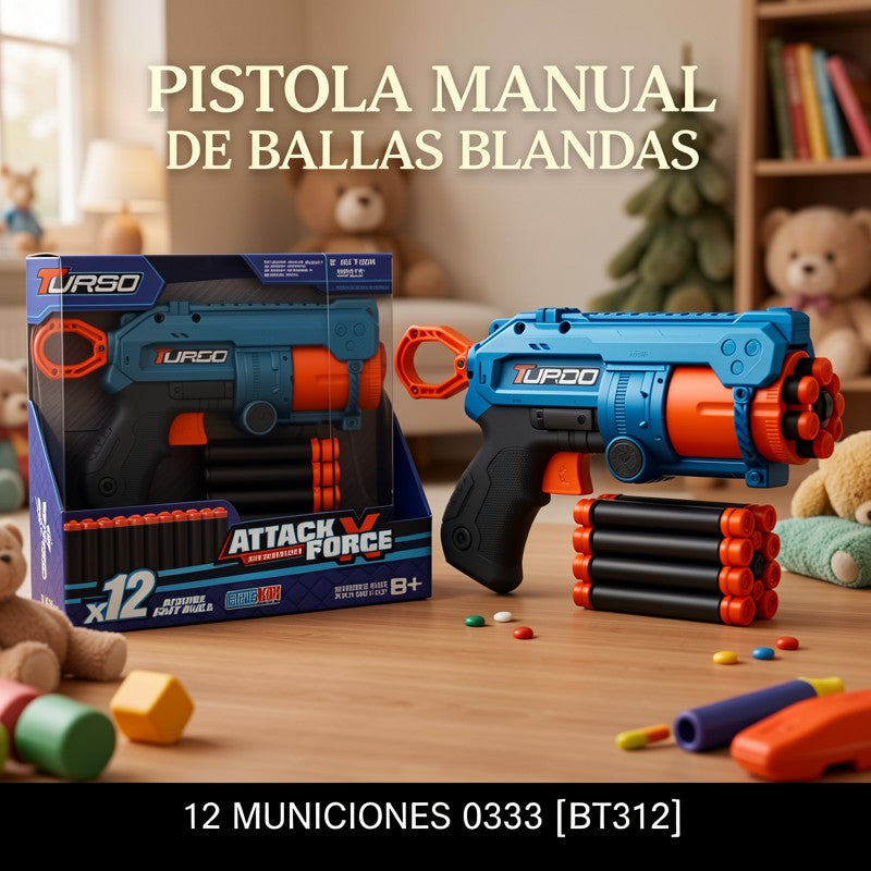PISTOLA MANUAL DE BALAS BLANDAS 12 MUNICIONES 0333 [BT312]