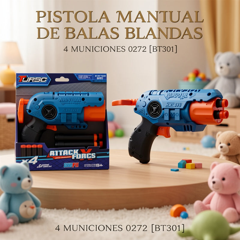 PISTOLA MANUAL DE BALAS BLANDAS 4 MUNICIONES 0272 [BT301]