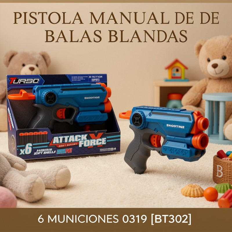 PISTOLA MANUAL DE BALAS BLANDAS 6 MUNICIONES 0319 [BT302]