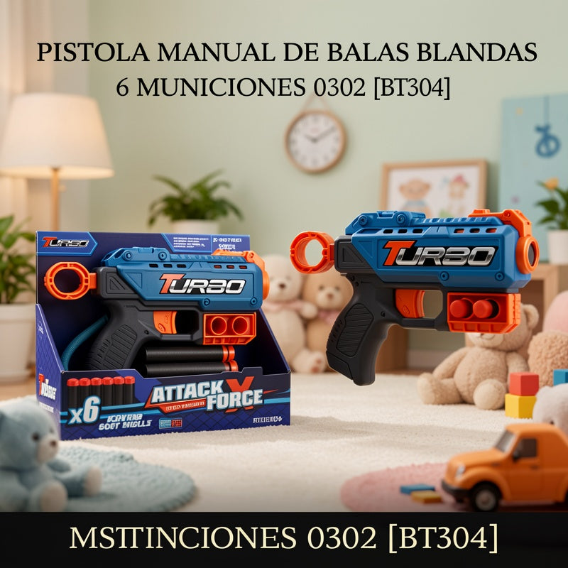 PISTOLA MANUAL DE BALAS BLANDAS 6 MUNICIONES 0302 [BT304]