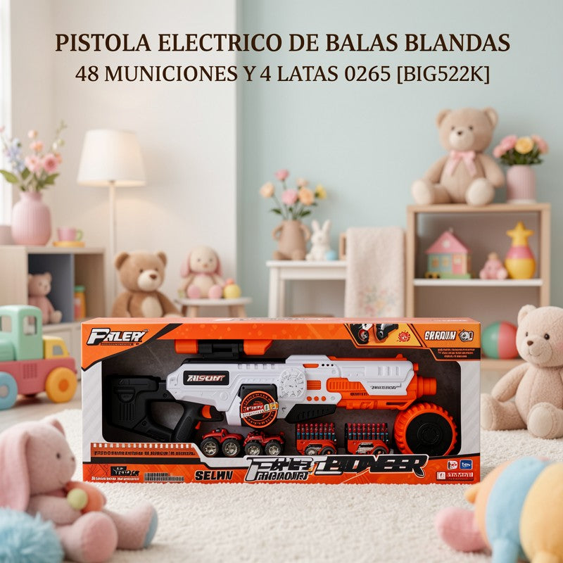 PISTOLA ELECTRICO DE BALAS BLANDAS 48 MUNICIONES Y 4 LATAS 0265 [BIG522K]