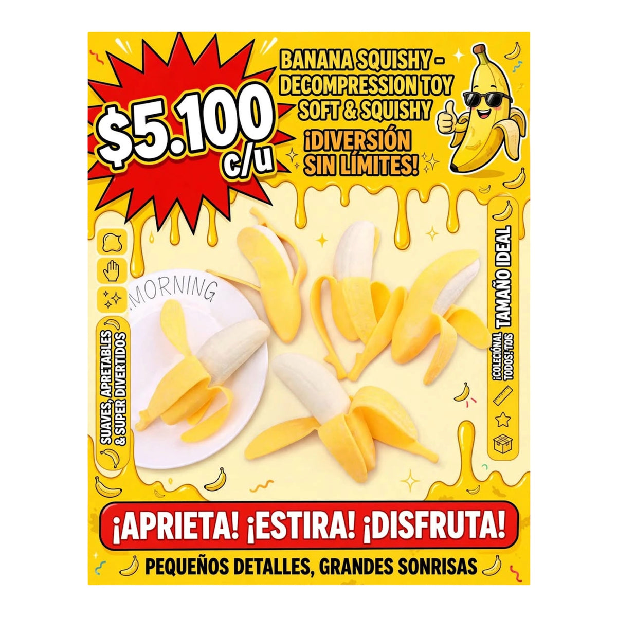 SQUISHY VIRAL BANANA CON CASCARA PELABLE X12 UNIDADES